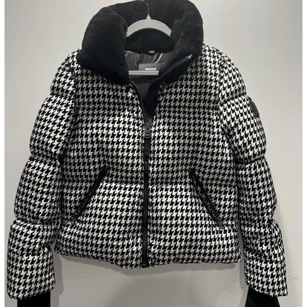 Mackage Houndstooth Down Jacket with Sherpa Collar